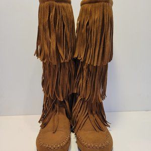 HOTCAKES 3-Layer Moccasin Fringe Boots FAUX suede - SIZE 6 1/2